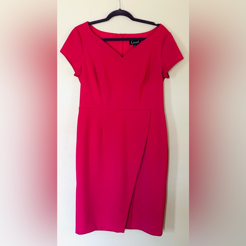 NWT Connected Apparel Women's Hot Pink Cap-Sleeve Faux Wrap Dress